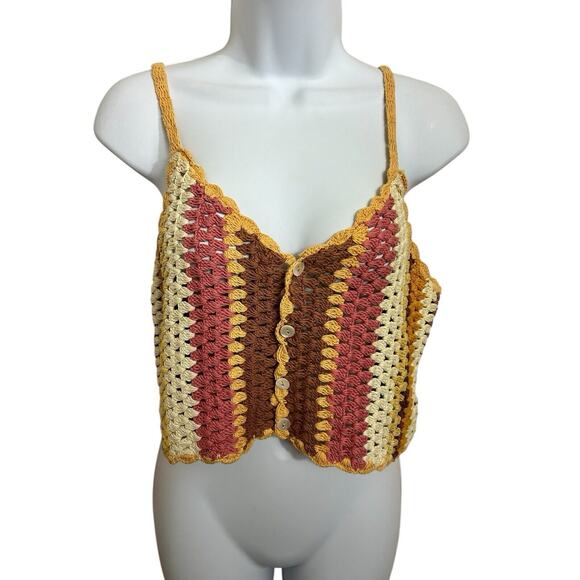 Zara Boho Open Knit Top Sz Small Neutrals Button Front Blouse Crop Festival - Picture 9 of 10